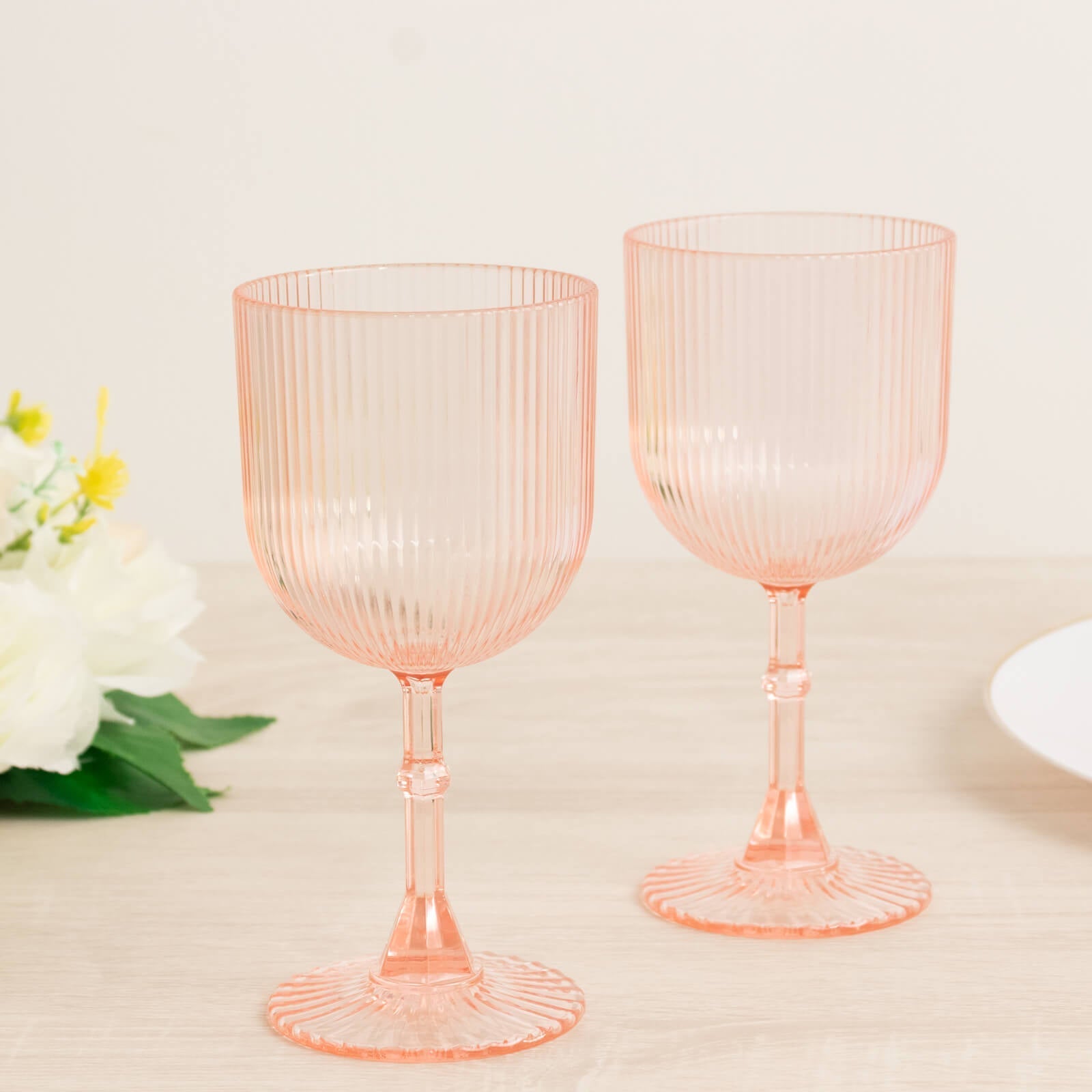 12-Pack Transparent Blush Plastic Wine Glasses 9oz, Vintage Ribbed Pattern - Reusable Shatterproof Goblets
